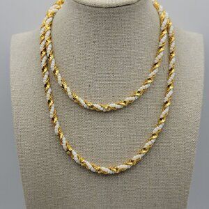 Vintage Monet Gold Tone White Seed Bead Twisted Chain Necklace 29.5 Inch Signed